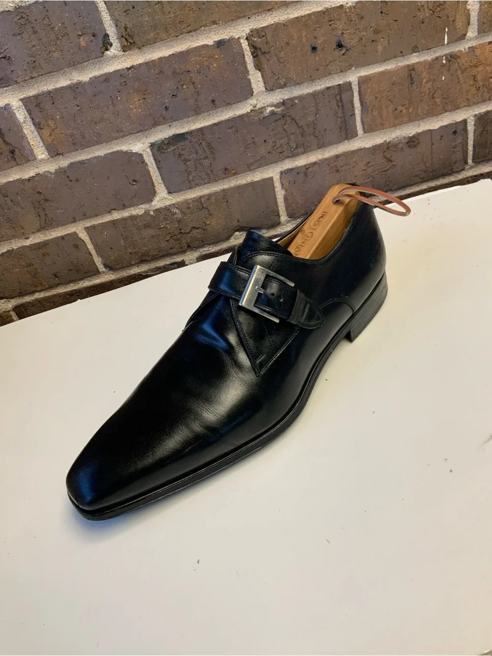 Magnanni Black Leather Single Monk Strap Shoe with Silver Buckle